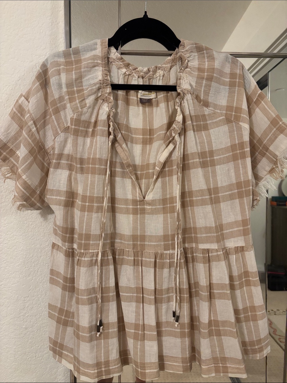 Anthropologie Beige & White Plaid Tiered Peasant Tunic